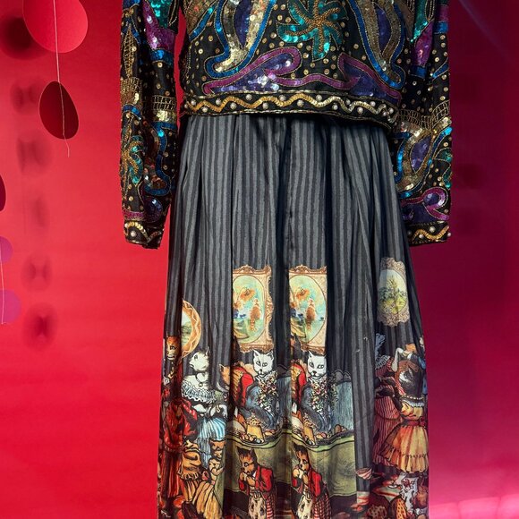 Elf Sack Illustrated Storybook Midi Skirt – Size M – Whimsical Cat Party Print - Picture 3 of 9